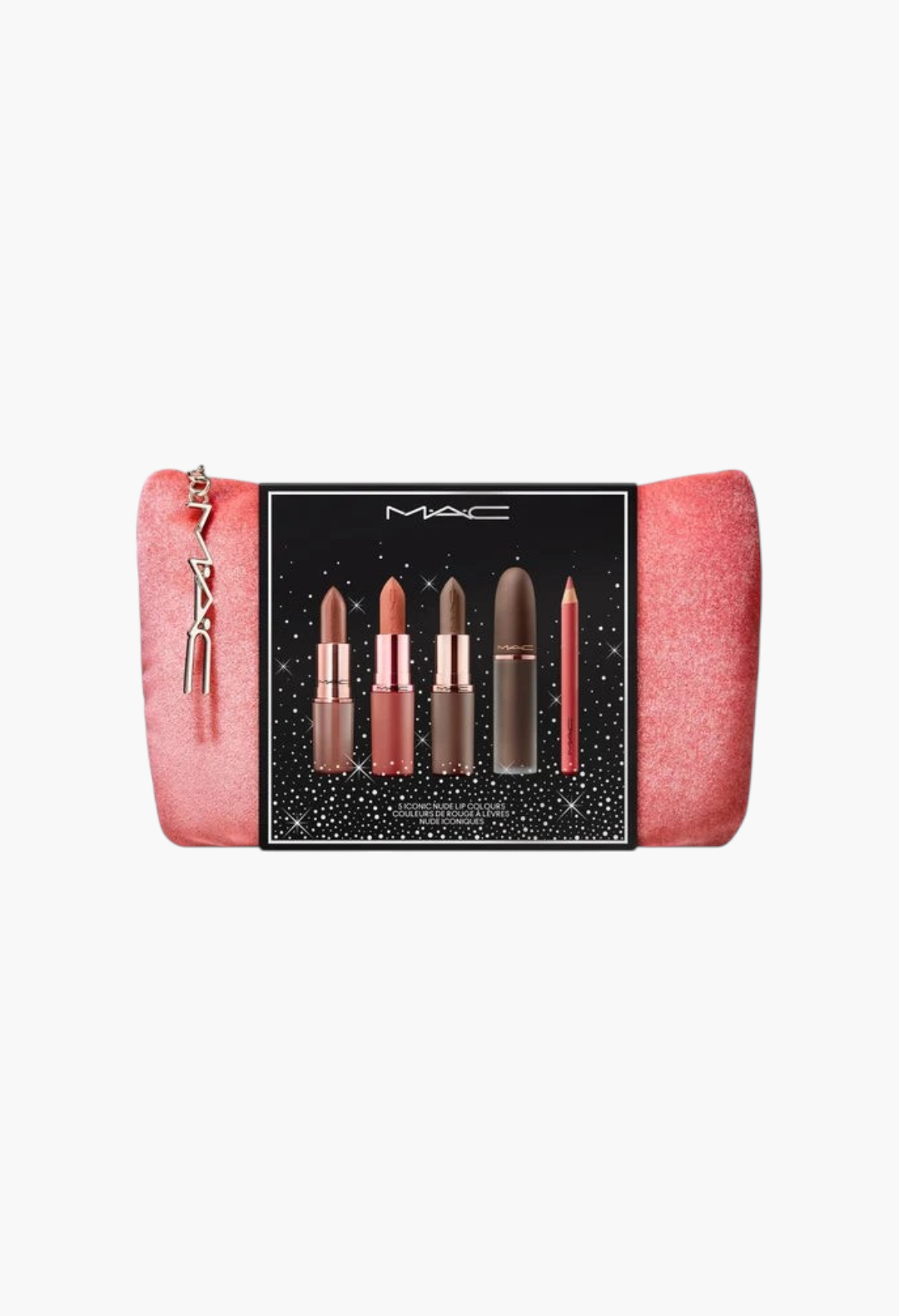 GLAM MODA MAC Celebrity Nudes Lip Vault featuring five nude lip products in a pink velvet holiday makeup bag