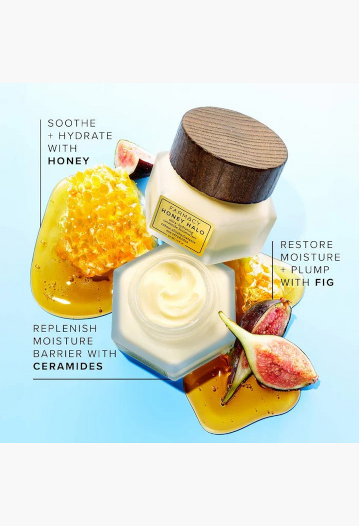GLAM MODA Honey Halo moisturizer jar with honey, fig, and ceramide ingredients shown on a light blue background.