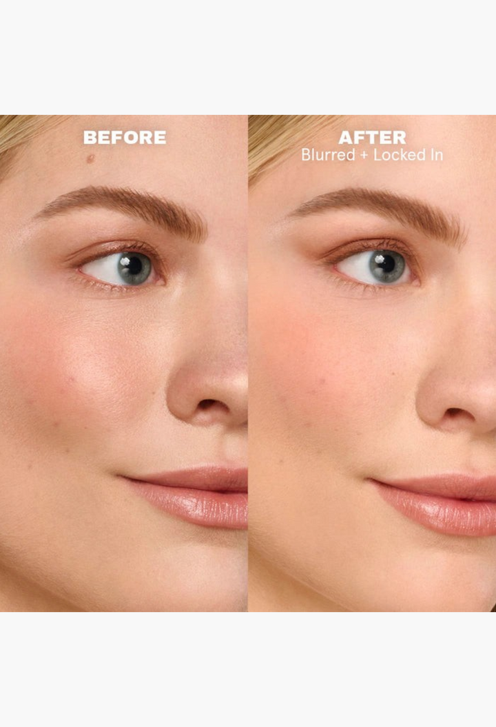 GLAM MODA On 'Til Dawn setting spray before and after comparison showing a blurred matte finish on skin