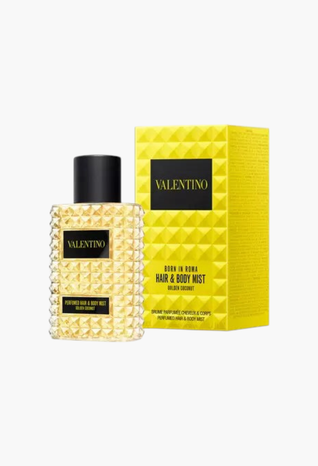 GLAM MODA Valentino Born In Roma Golden Coconut hair and body mist bottle with matching yellow studded box